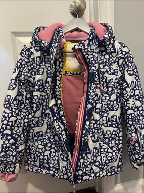 Mini Boden Navy & White Animal Print Puffer Jacket with Pink Lining - Very Warm!